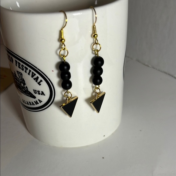 Black and Gold Geometric Earrings with black Beads - Picture 1 of 3